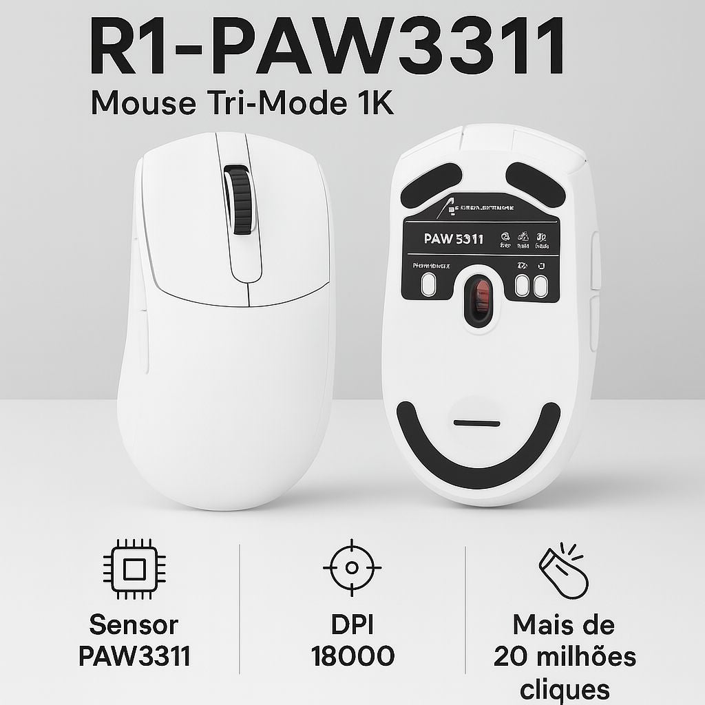 Mouse Gamer Sem Fio R1 — 18000 DPI, Triplo Modo, 65h Bateria