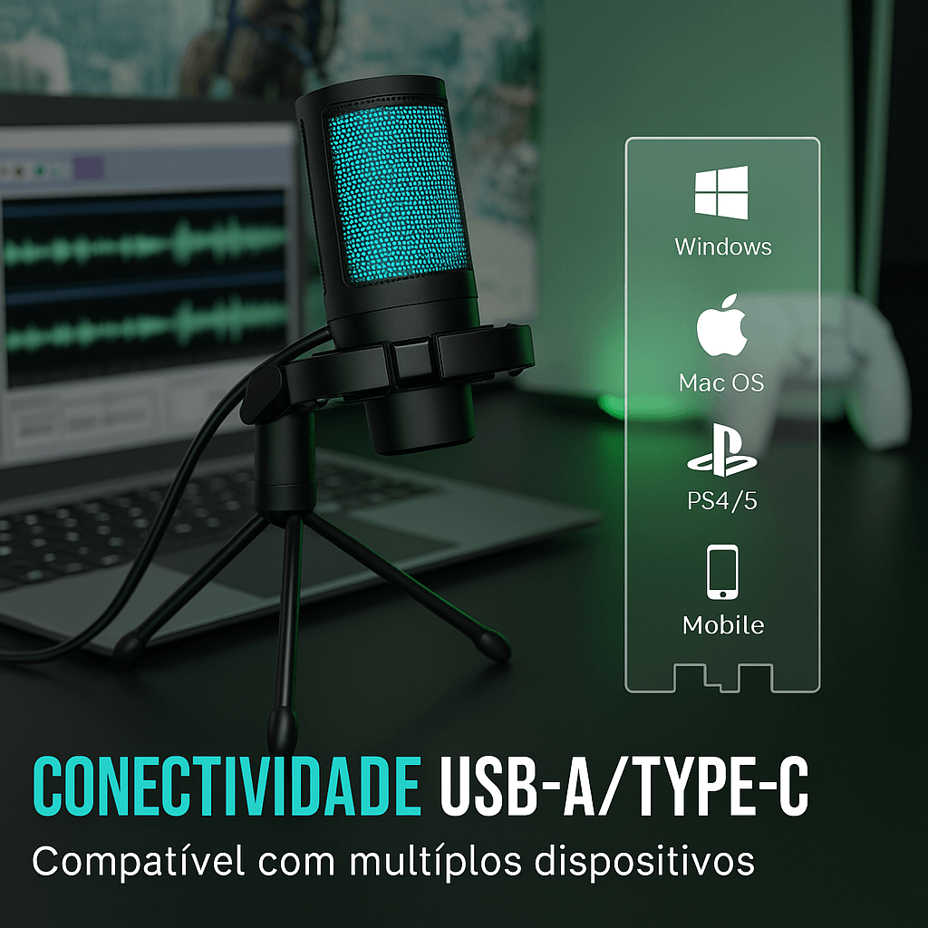 Microfone Gamer RGB USB com Tripé