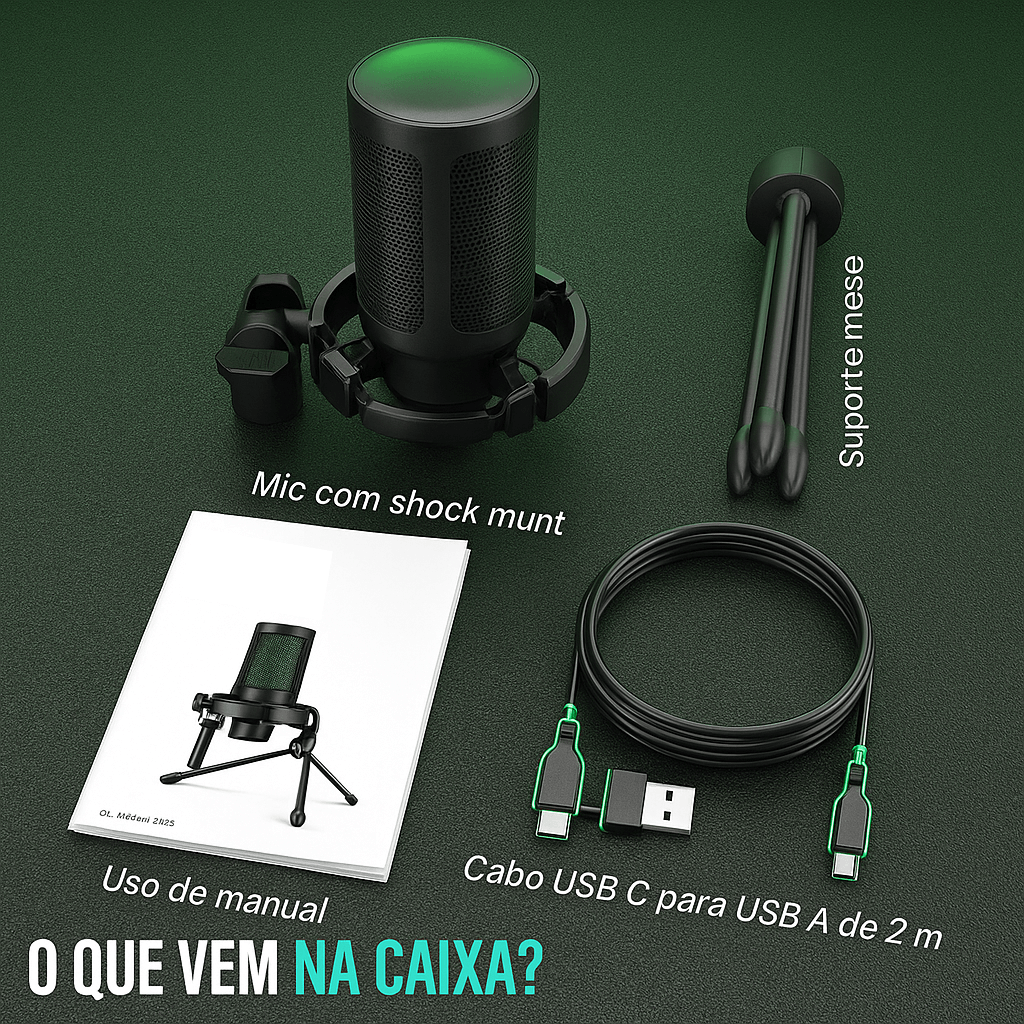Microfone Gamer RGB USB com Tripé