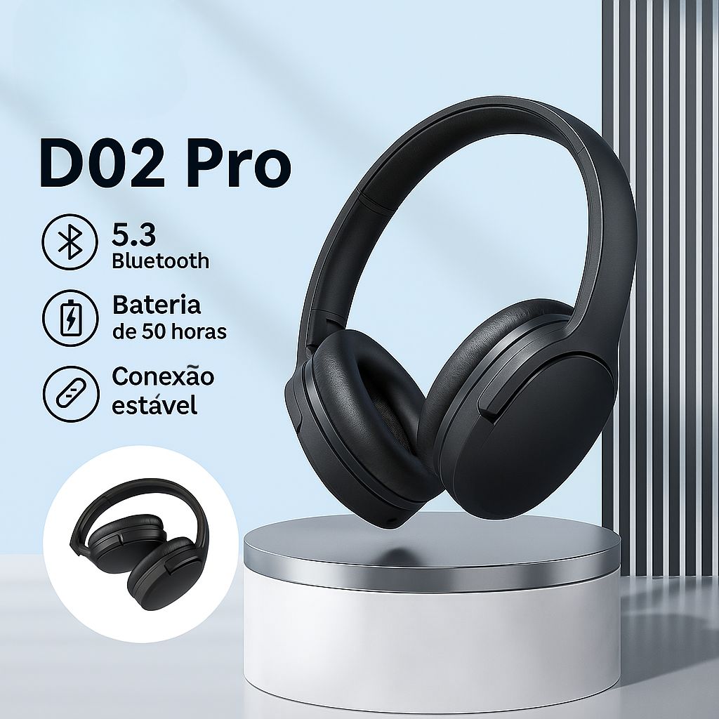 Fone de Ouvido Bluetooth D02 Pro — Dobrável, 50h de Bateria